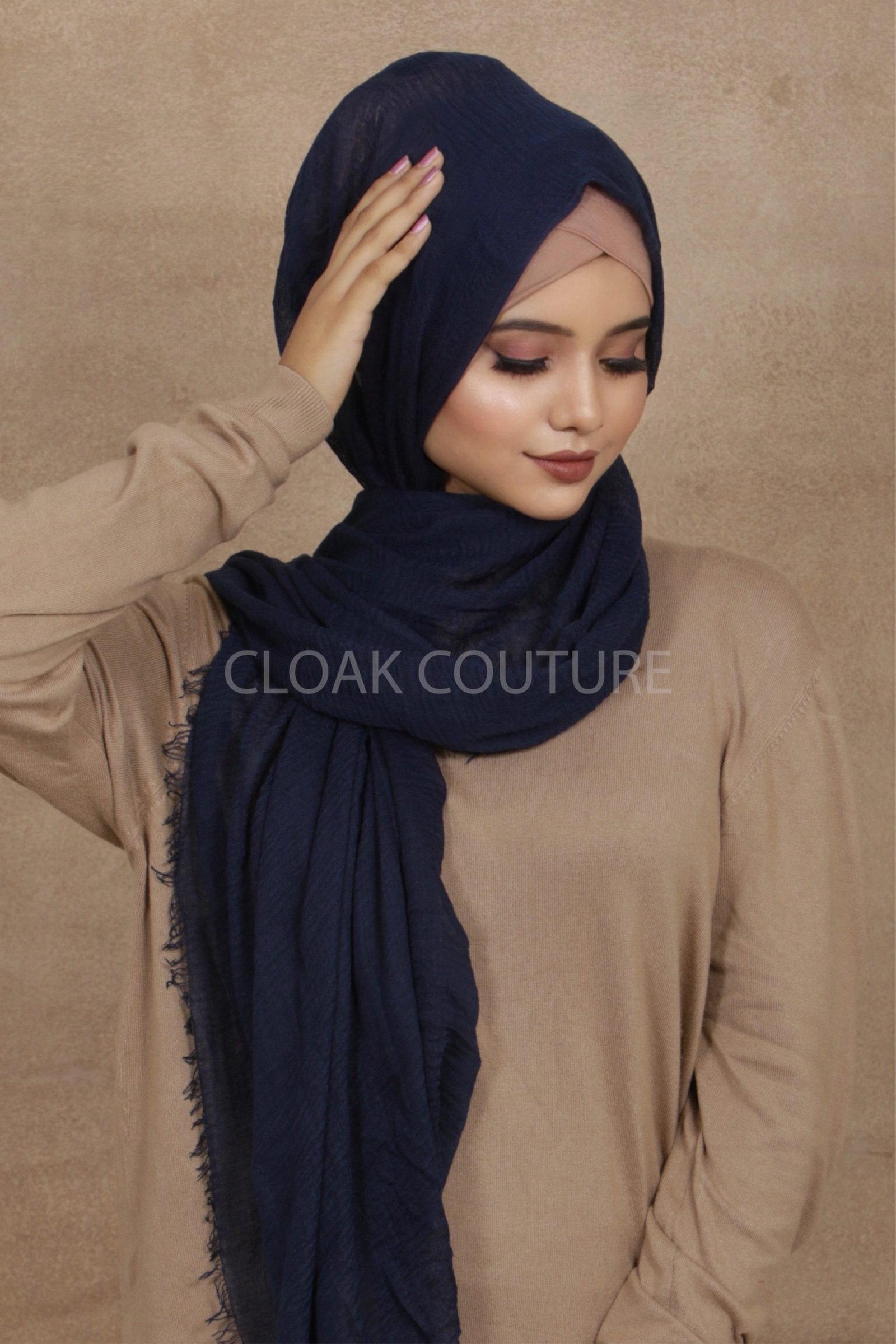 Navy Blue Crinkled Cotton Hijab - Image 2