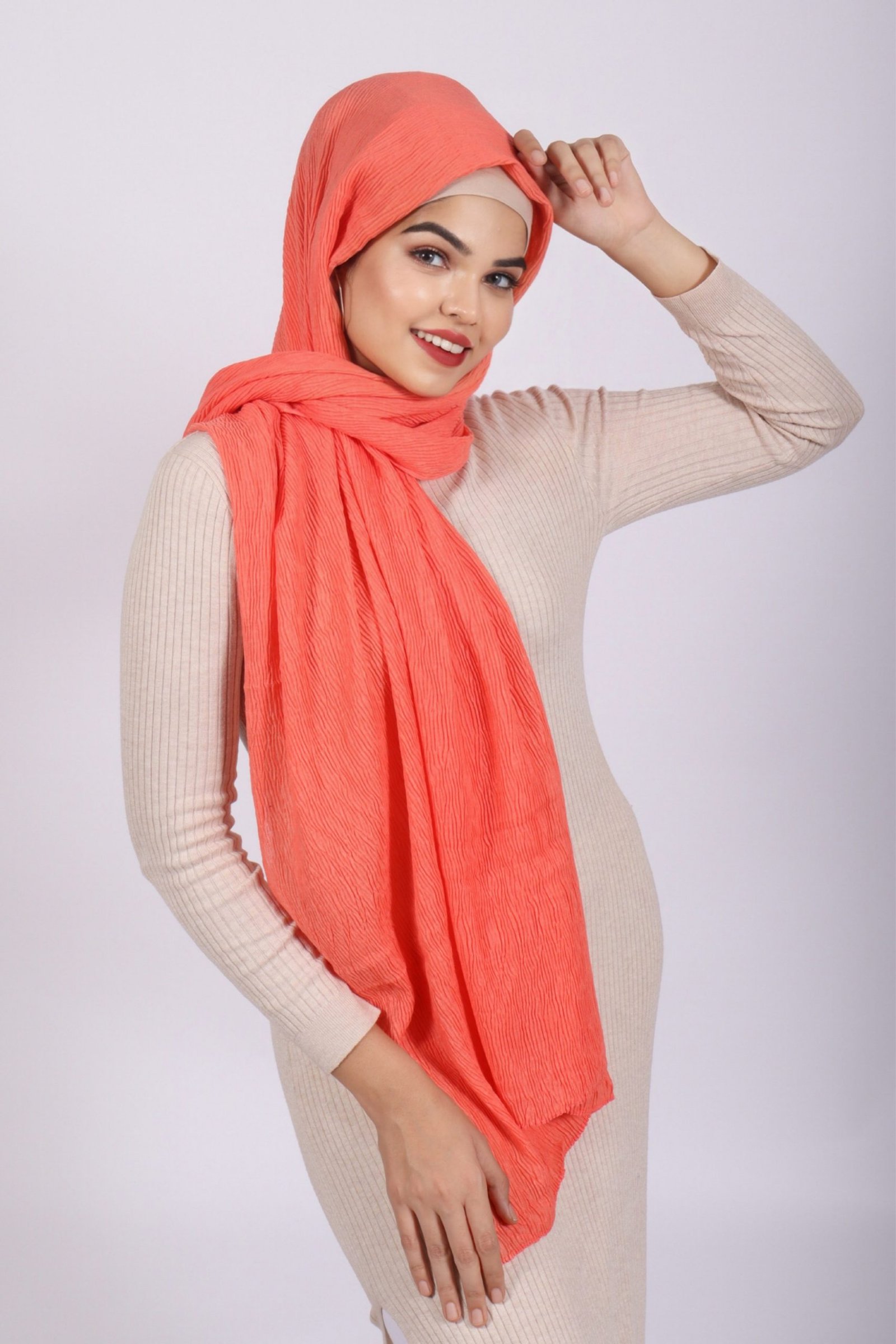 Coral Ribbed Cotton Hijab - Image 2
