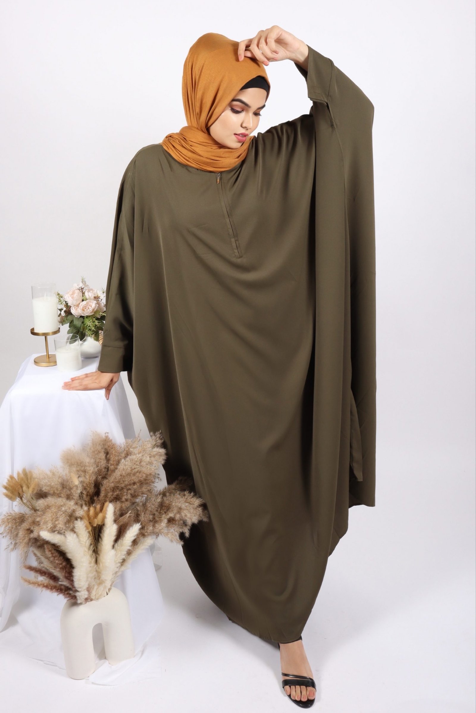 Parisa Kaftan Abaya with Zipper - Olive Green - Image 2