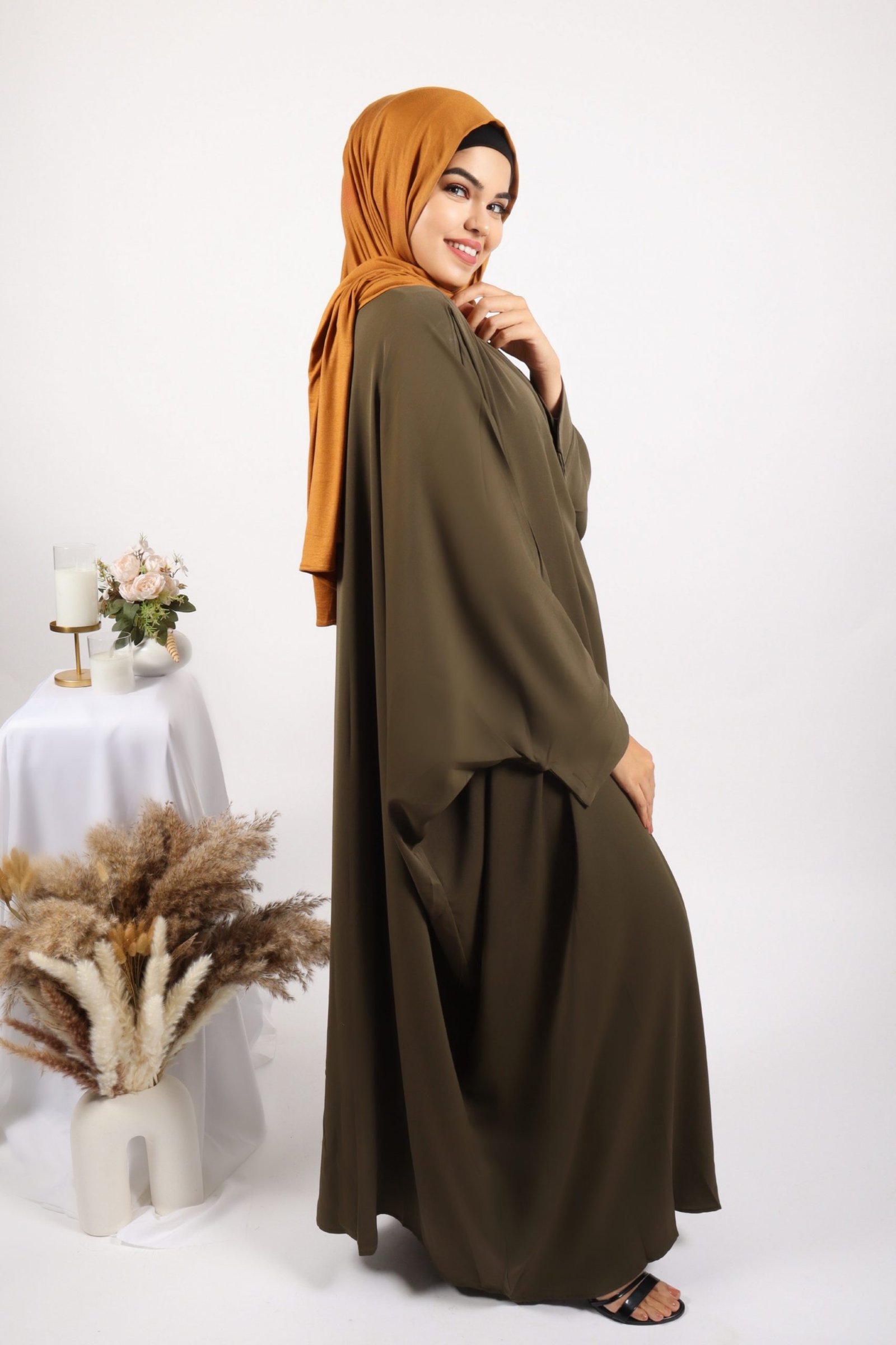 Parisa Kaftan Abaya with Zipper - Olive Green - Image 5