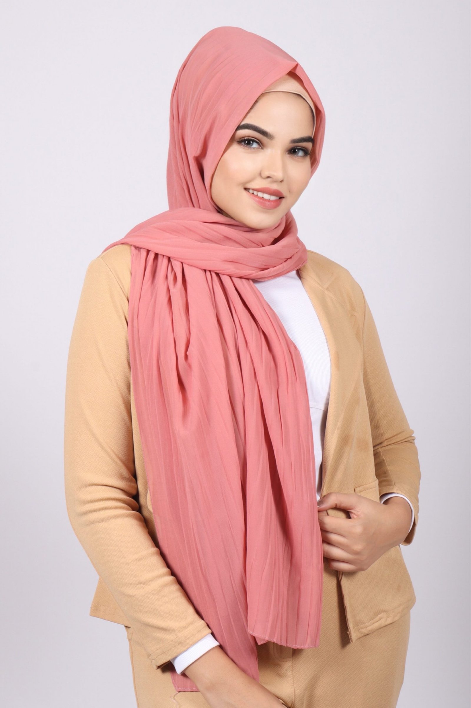 Salmon Chiffon Pleated Hijab - Image 2