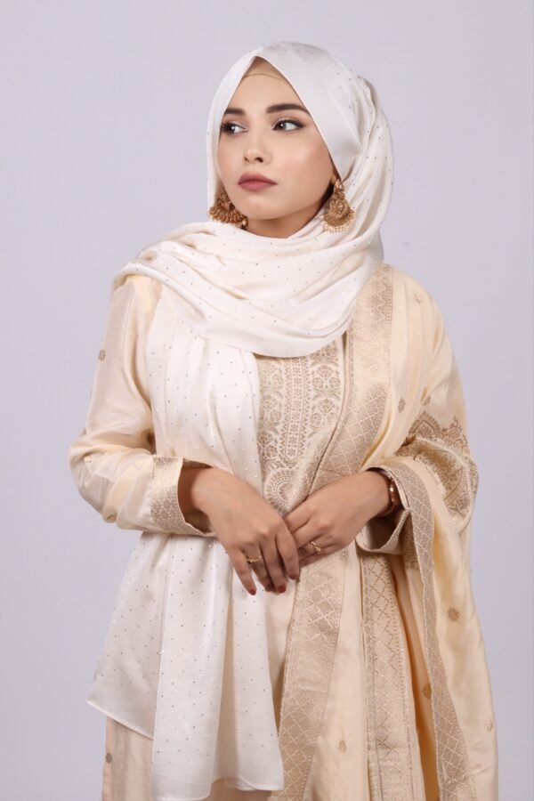 221CBBC5-26C1-4766-8D1C-8F7D0CEECACD Cream Gold Rhinestone Silk Hijab