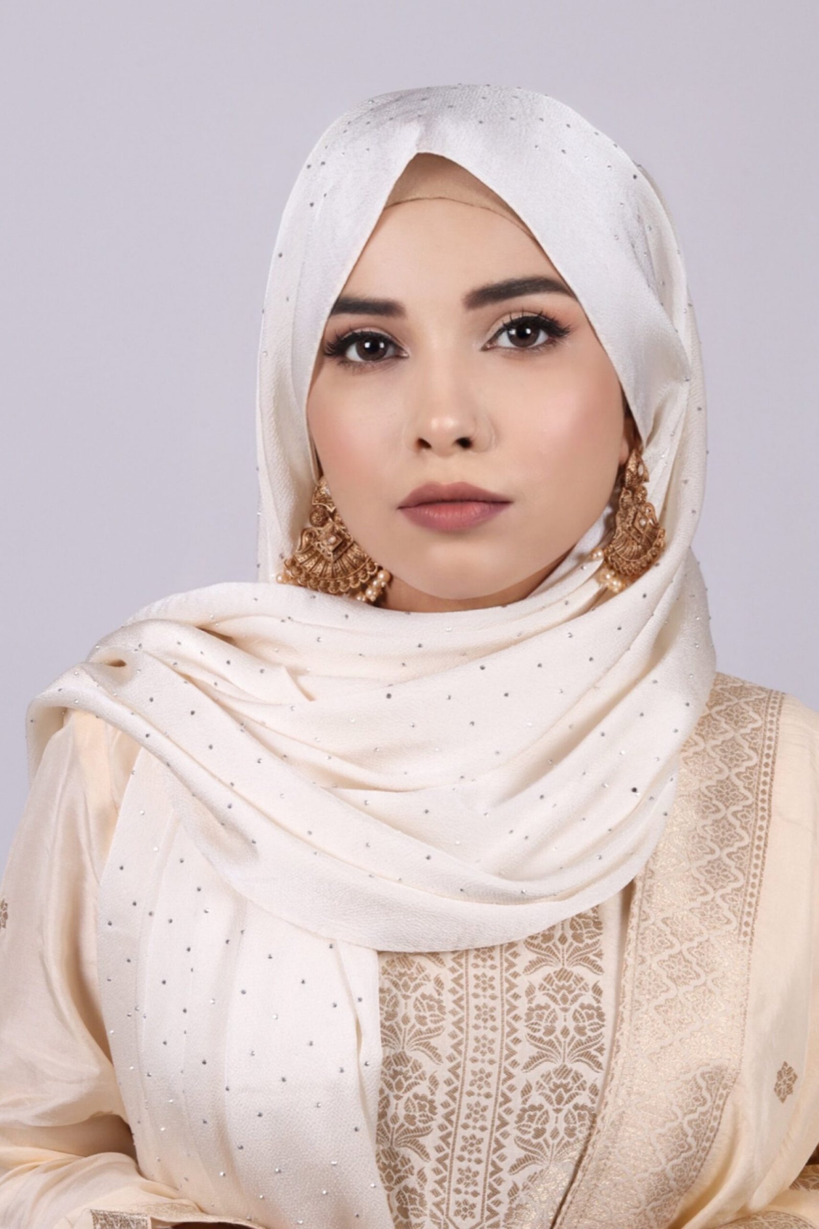 Cream Gold Rhinestone Silk Hijab - Image 2