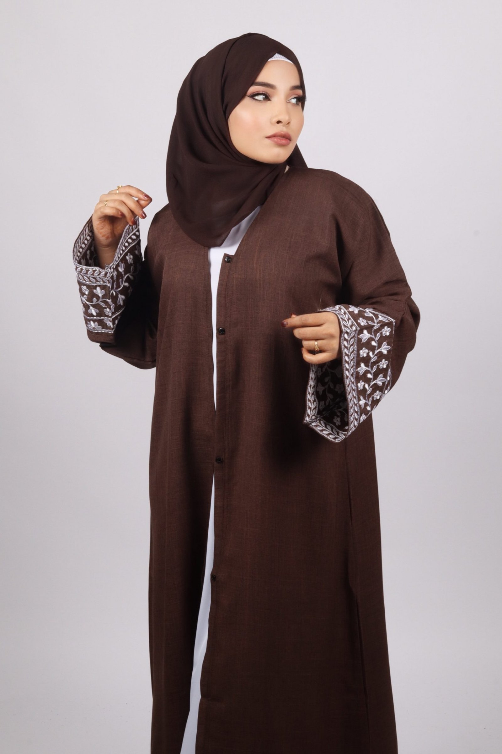 Haseen Embroidered Linen Open Abaya - Coffee - Image 4