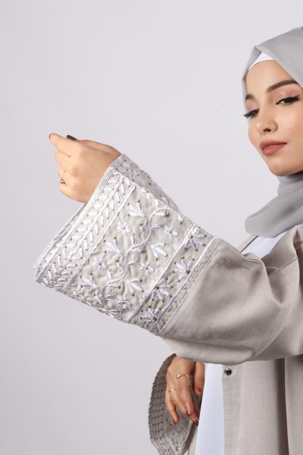 BC9AD585-E808-4A36-82B2-FB98FE8C202F Haseen Embroidered Linen Open Abaya - Silver Ash