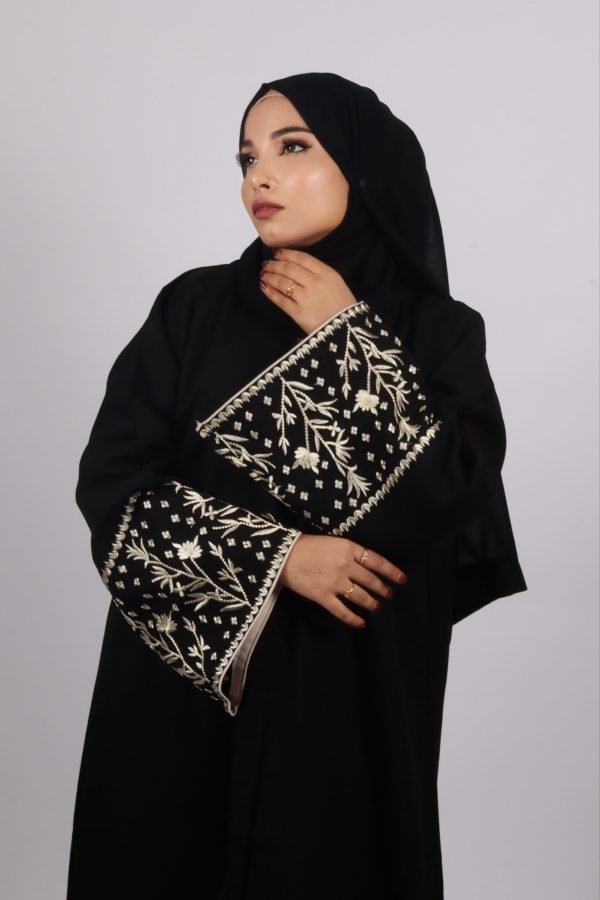 CAC41ED7-023B-41E1-8A31-57F954AEAD95 Haseen Embroidered Linen Open Abaya - Black